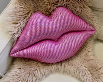 Holographic Pink Lips Pillow Glam Decorative Accent Sparkly Lip Shaped Cushion