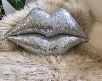 Gray Glitter Kiss Throw Pillow Hot Lips Shaped Decorative Pillow Sequin Glitter Kiss Pillow Make Up Pillow Double Size Lips Pillow