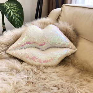 White Glitter Lips Throw Pillow Hot Lips Shaped Decorative Pillow Sequin Glitter Kiss Pillow Make Up Pillow Double Size Lips Pillow