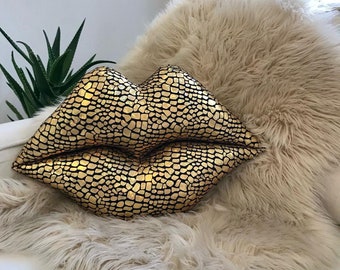 Gold Snake Pattern Lips Pillow: Sequin Decorative Throw