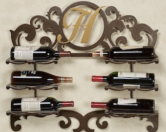 Personalized Metal Wall Wine Rack with Custom Last Name Monogram | Wall Mounted Wine Display Rack Holder and Organizer with Family Initial