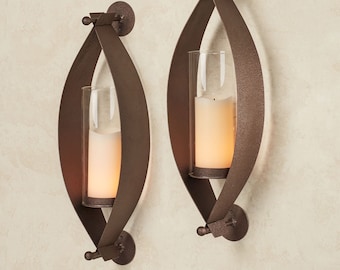 Xander Modern Metal Candle Wall Sconce Pair | Set of Two | Openwork Steel Candleholders with Hurricane Style Glass