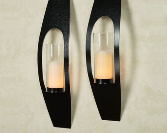 Candela Metal Candle Wall Sconce Pair | 2-pc Set | Contemporary Candleholder with Glass Hurricanes