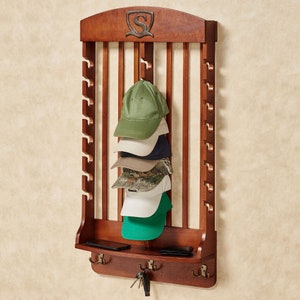 Solid Wood Cap Hat Rack with Monogram Letter Emblem | Personalized Entryway Storage Organizer | Holds Baseball Hats Caps and Fishing Rods