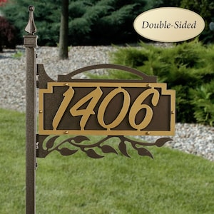 Shepherd Double Sided Address Yard Post | Ivy or Scroll | 1-5 House Numbers | Custom Metal Home Number Garden Post Sign for Outdoor