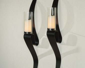 Harmony Metal Wall Sconce Pair | Set of Two | Curving Steel Wall Candleholders with Included Hurricane Style Glass