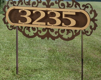 LaRoyal House Number Staked Yard Sign with Scrollwork  | Custom Address Sign for Outdoor | 1-5 House Numbers