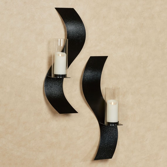 Rhythmic Metal Wall Sconce Pair | 2-pc Set | Contemporary Curving Candleholders with Glass Hurricanes