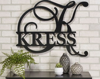 Accord Personalized Monogram Metal Wall Art | Script Letter with Last Name | Custom Family Name Initial Wall Sculpture | Indoor Outdoor