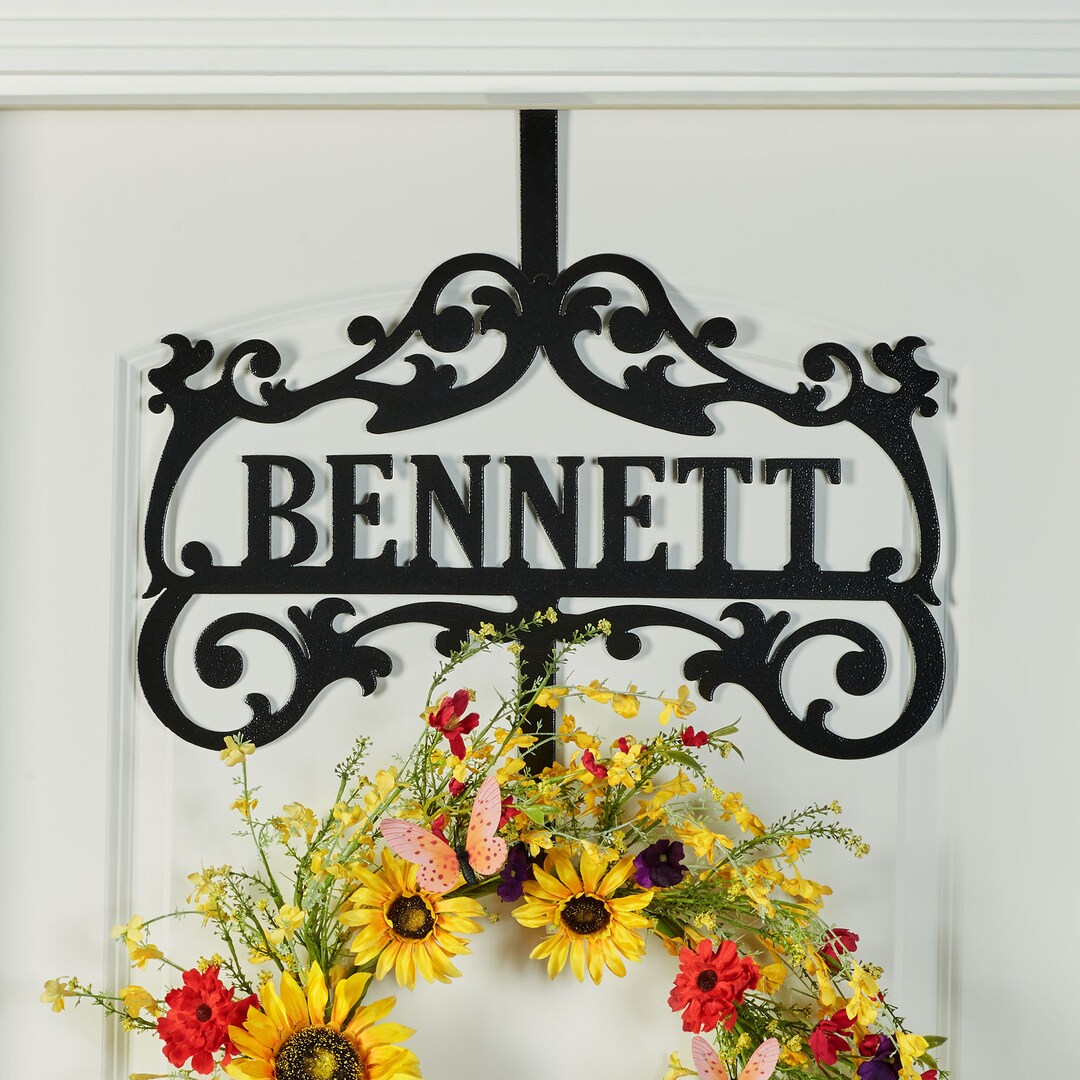 Bower Personalized Last Name Over-the-Door Wreath Hanger | Indoor Outdoor | Custom Name Door Marker with Seasonal Decor Hook - Black