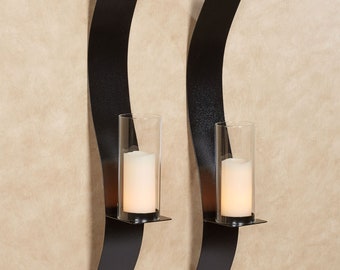 Sinuous Metal Wall Sconce Pair | Set of Two | Curving Steel Wall Candleholders with Included Hurricane Style Glass