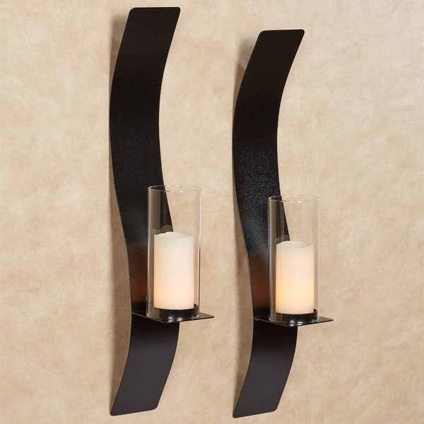 Sinuous Metal Wall Sconce Pair | Set of Two | Curving Steel Wall Candleholders with Included Hurricane Style Glass