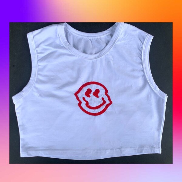 Trippy Smiley Face Embroidery Crop Top, Distorted Smile Embroidery Design, Sleeveless Tops, Summer Vintage Crop top