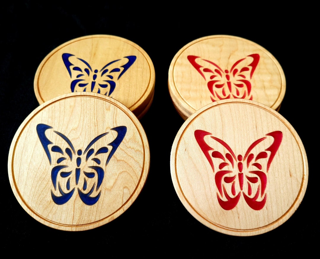 Wooden Butterfly Coaster Set With Resin. Epoxy Inlay Butterfly. Handmade Gift for Housewarming