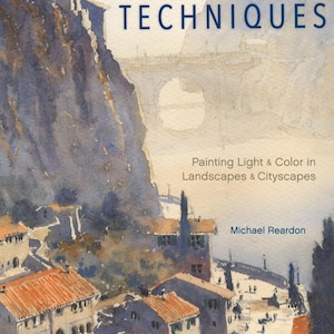 以下が含まれることがあります： 「Watercolor Techniques」というタイトルの本の表紙。水彩画で描かれた都市景観が描かれています。オレンジ色の屋根の建物、橋、大きな岩の造形が描かれています。「Painting Light & Color in Landscapes & Cityscapes」というテキストも表示されています。