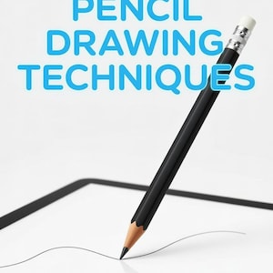 May include: A black pencil with a white eraser tip is positioned on a white surface, creating a curved line. The text "PENCIL DRAWING TECHNIQUES" is displayed in blue above the pencil. The image suggests art and drawing.