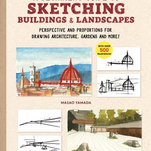 May include: A book cover titled "A Beginner's Guide to Sketching Buildings & Landscapes." The cover features a watercolor illustration of a building with a red dome and a blue sky. The book promises over 500 illustrations.