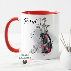 Personalised Red Golf Mug & Coaster, Golfer Gifts, Coffee Cup, Father's Day Gifts, Gift For Dad, Grandad, Brother, Uncle, Personalized Mug