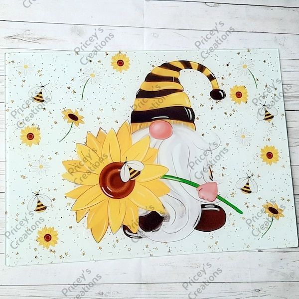 Bee Gnome Glass Chopping Board, Bee Cutting Board Worktop Saver, Kitchen Décor, New Home Gifts for Bee Gnome Lovers