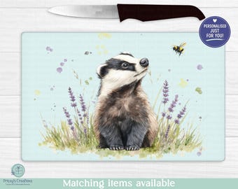 Personalised Badger Glass Chopping Board, Wildlife Kitchen Worktop Saver, Custom Decor