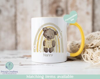 Rainbow Daisy Mug Teddy Bear Cup, Girls Ceramic Gift, Floral Coffee Tea