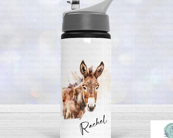 Personalised Donkey Water Bottle, Custom Name Animal Drinkware, Straw Lid