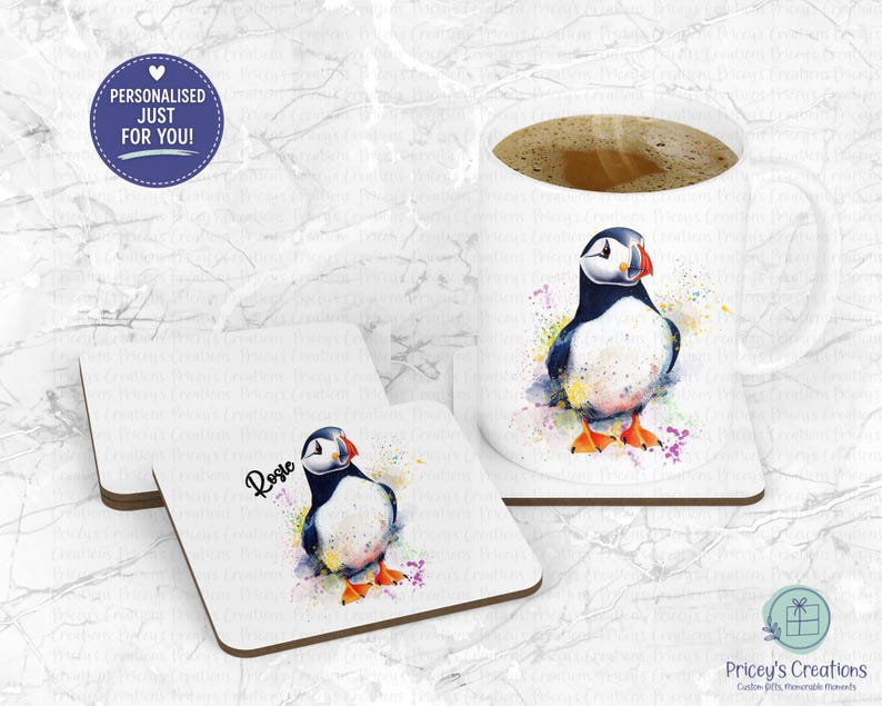 Personalised Puffin Mug, Country Kitchen Mug & Coaster Set, Ceramic Coffee Cup With Name image 5
