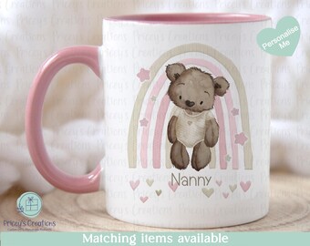 Rainbow Teddy Bear Mug, Personalised Ceramic Coffee Cup