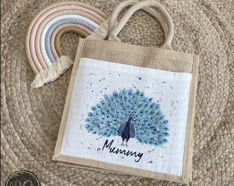 Jute Bag, Personalised Peacock Shopping Bag, Christmas Present
