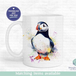 Personalised Puffin Mug, Country Kitchen Mug & Coaster Set, Ceramic Coffee Cup With Name image 1