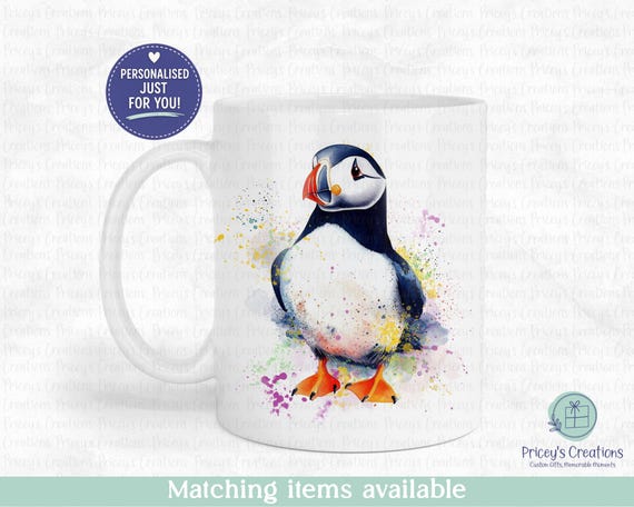 Personalised Puffin Mug, Country Kitchen Mug & Coaster Set, Ceramic Coffee Cup With Name