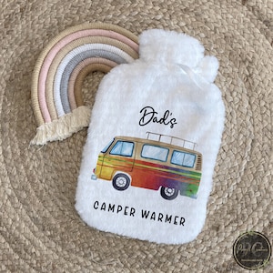 Camper Van Hot Water Bottle, Camper Present, Cosy Hot Water Bottle & Cover, Personalised Fluffy Hot Water Bottle with Pom Poms, Xmas