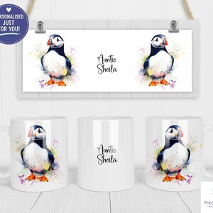 Personalised Puffin Mug, Country Kitchen Mug & Coaster Set, Ceramic Coffee Cup With Name image 2
