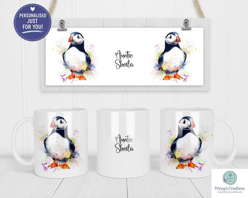 Personalised Puffin Mug, Country Kitchen Mug & Coaster Set, Ceramic Coffee Cup With Name image 2