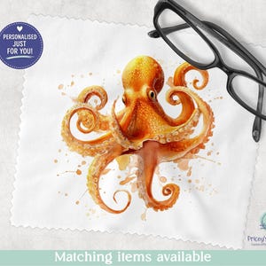 May include: A white microfibre cleaning cloth featuring a watercolour-style orange octopus illustration. The cloth has pinked edges and a blue circular badge with the text PERSONALISED JUST FOR YOU! Black spectacles rest on the top right corner.