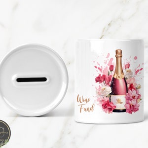 Wine Fund Money Box, Pretty Floral Personalised Name Ceramic Piggy Bank Savings Swear Jar, Birthday Gift For Wine Lovers