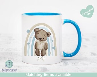 Rainbow Boy Teddy Bear Mug, Personalised Ceramic Coffee Cup with Custom Name