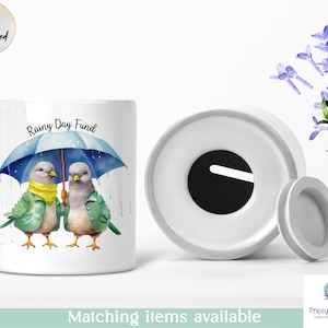 Personalised Doves Ceramic Money Box, Rainy Day Fund Savings Pot