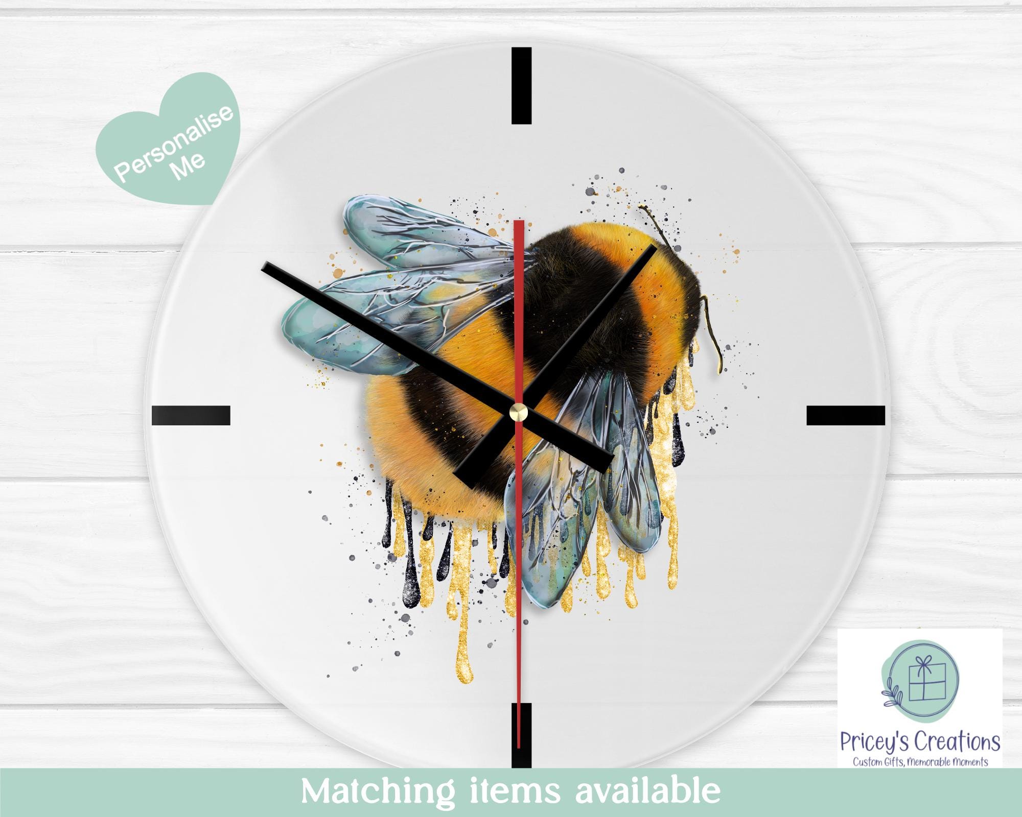 Watercolour Bee Wall Clock, Personalised Kitchen Decor, Glass Present ...