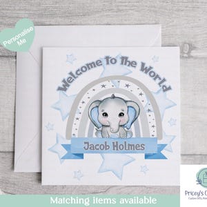Personalised Elephant New Baby Boy Card, Customised Welcome To The World Cute Animal Baby Card For Boy