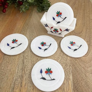 Natural White square Marble with metal inlay, coaster set, 4x4inch, Set of 6 with stand