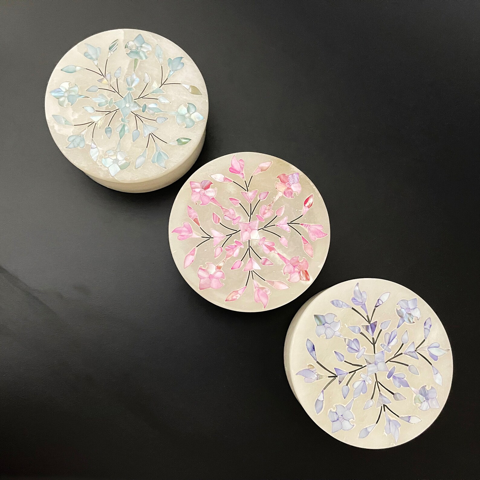 Set of 3, Alabaster Marble Trinket Box With Semi-precious Pearl Shell ...