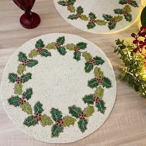 Set of 6, Christmas beaded handmade placemat, white, green and golden