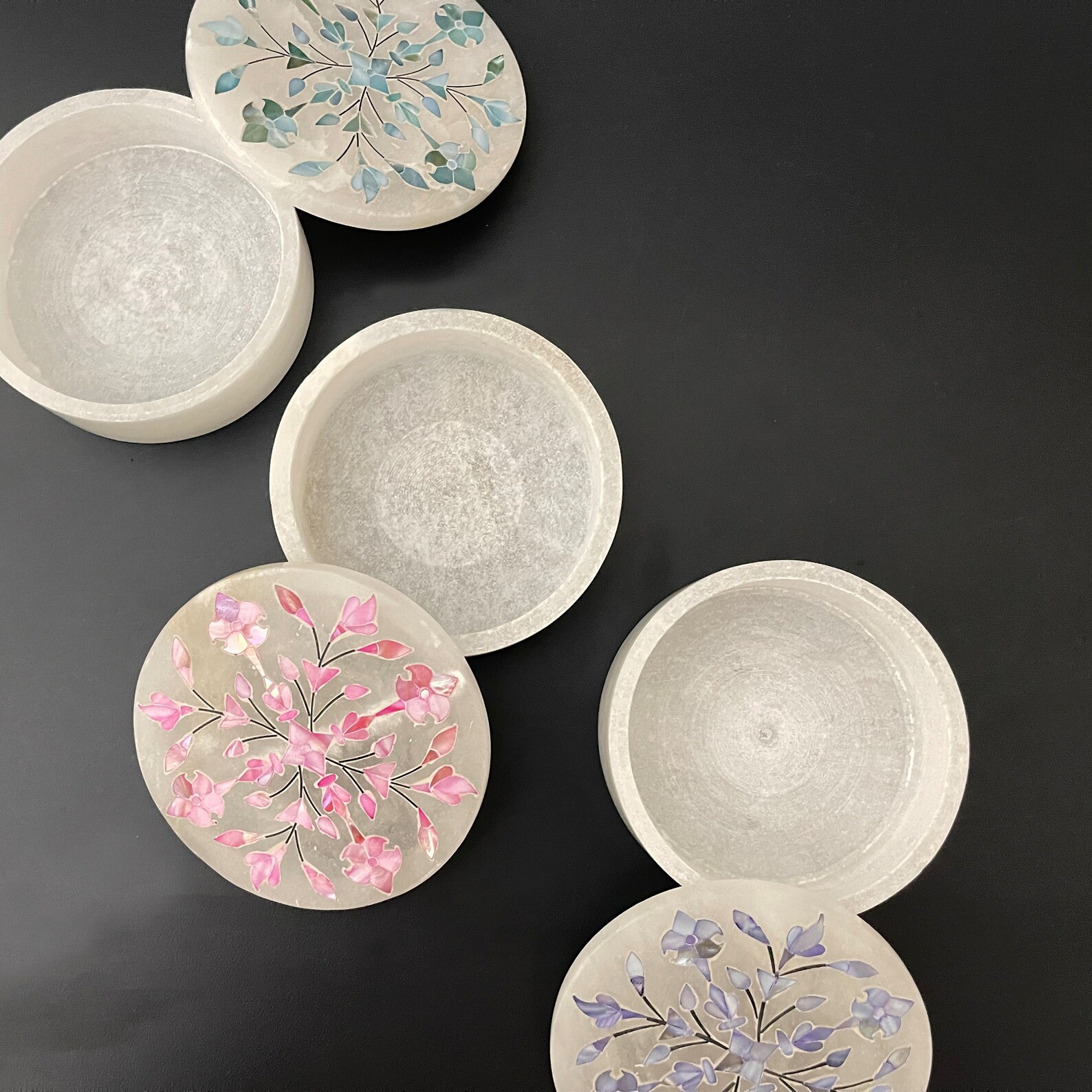 Set of 3, Alabaster Marble Trinket Box With Semi-precious Pearl Shell ...