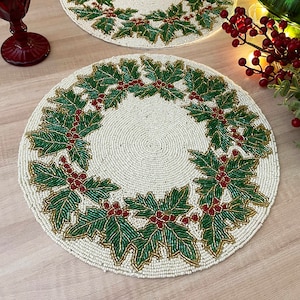 Set of 6, Christmas beaded handmade placemat, white, green and golden