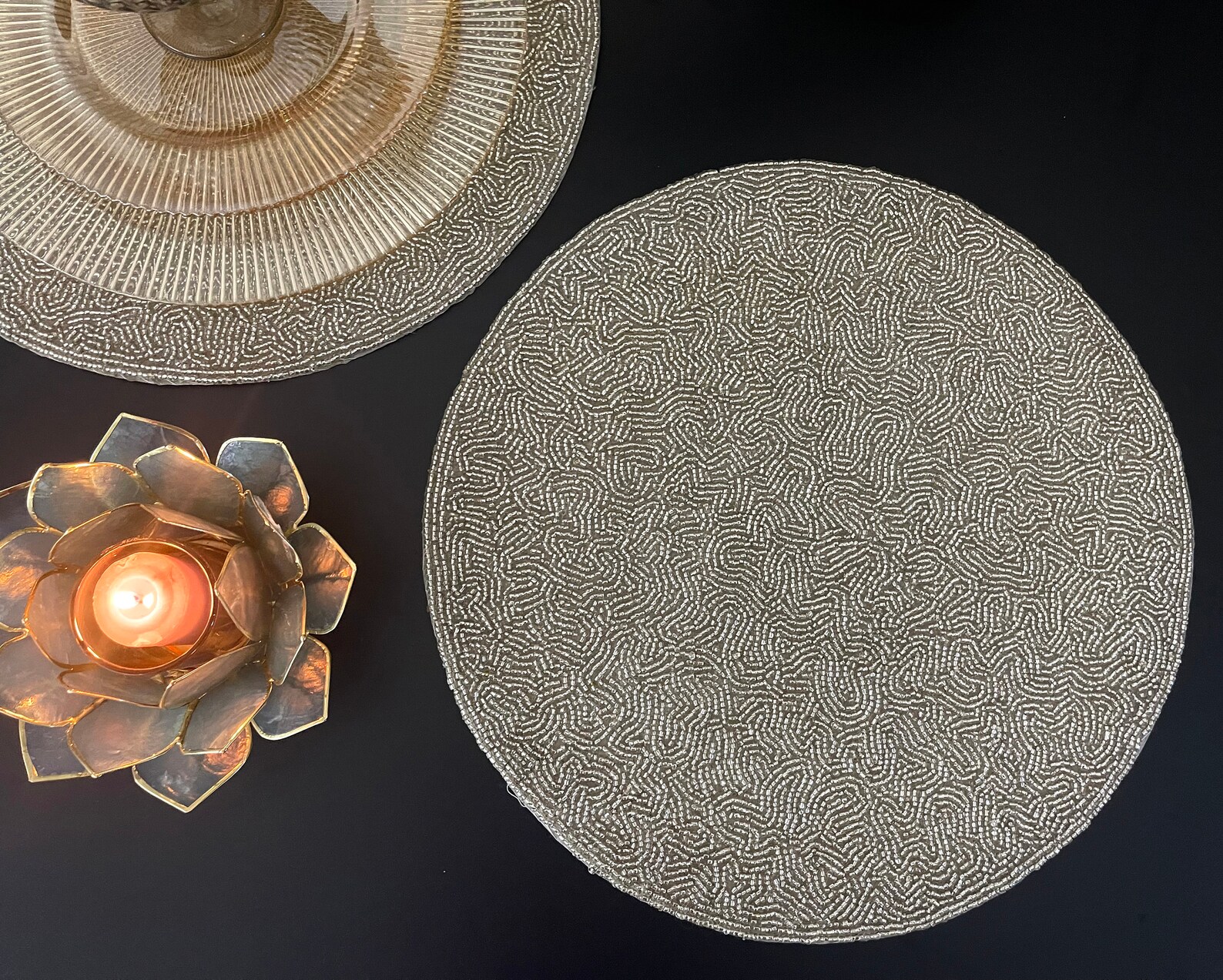 Luxury Beaded Handmade Placemat, Elegant Silver Decorative Centrepiece