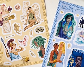 Paquete de láminas de pegatinas metalizadas de la mitología griega: Personajes de la mitología griega para bullet journaling, pegatinas para agendas, ilustración de Medusa y Circe.