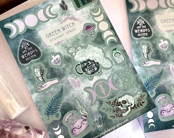 Grüne Hexe Sticker Bogen | Bullet Journal Scrapbook Aufkleber | Gothic Briefpapier | Hexen Illustration | Natur Pagan Kunst