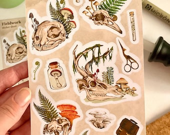 Hoja de pegatinas de trabajo de campo / Pegatinas de estilo Dark Academia / Pegatinas estéticas de naturaleza oscura y bosque / Arte paleo vintage / Memento Mori / Cráneo de animal