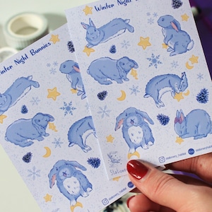 Foglio di adesivi Coniglietto notturno invernale / Adesivi Coniglio blu con stelle e lune / Adesivi Coniglietto delle nevi / Adesivi invernali per diario e planner